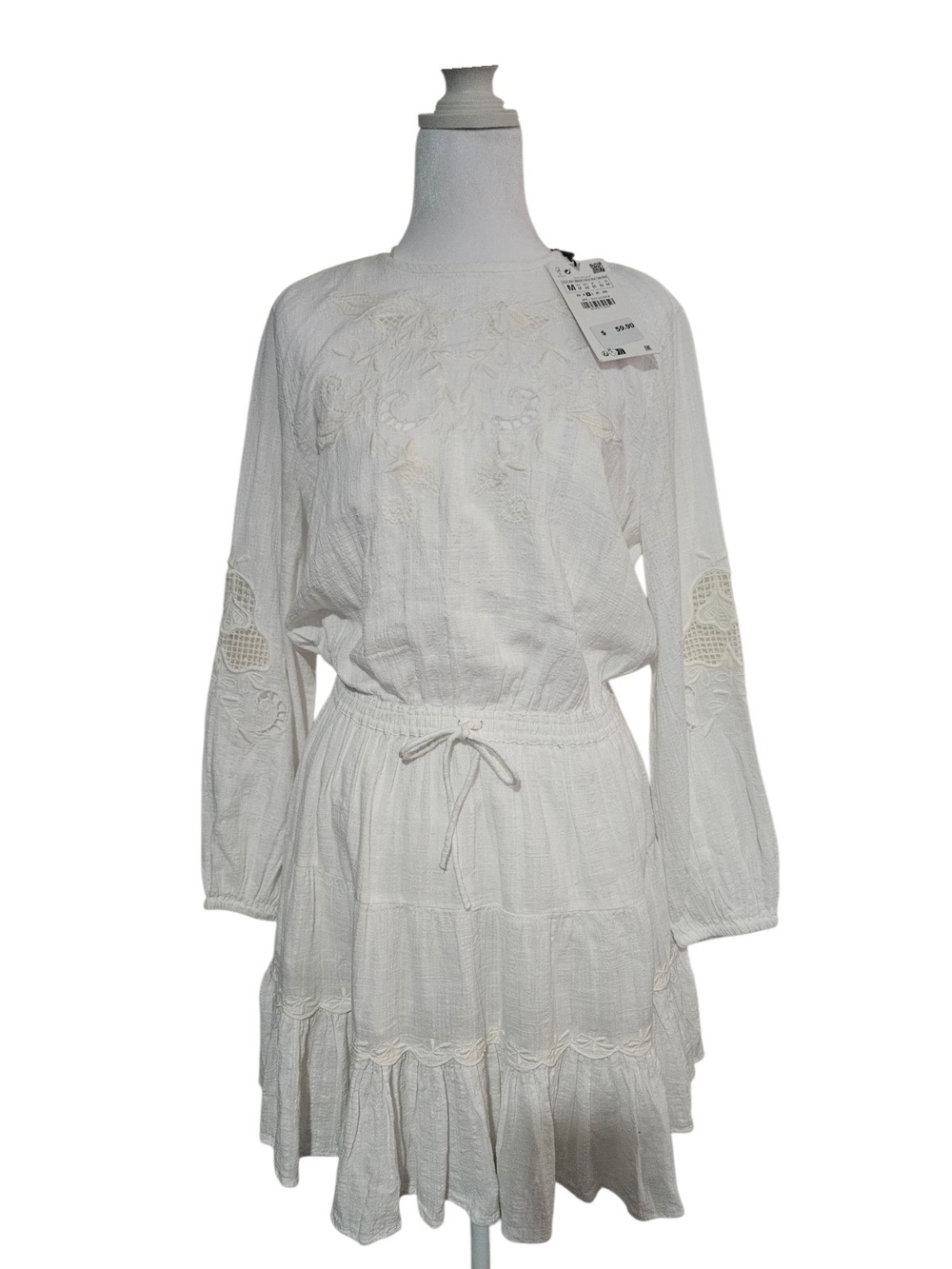 Zara White Embroidered Long-Sleeve Tiered Mini Dress - Picture 2 of 10